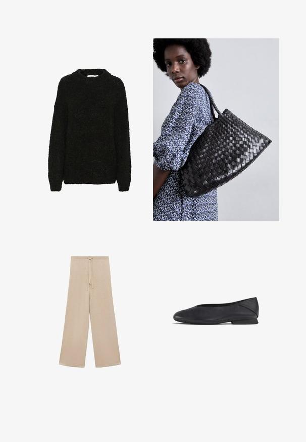 Black, textured sweater with a round neckline and long sleeves. Soft, fuzzy fabric with a loose fit, suitable for casual wear.; Beige wide-leg pants made of soft fabric, featuring a drawstring waistband and smooth texture, with no patterns or additional hardware.; Black leather flat shoe with rounded toe and low heel, designed for casual or formal wear.; DRAGON DIFFUSION SANTA CROCE BIG - Handbag - black