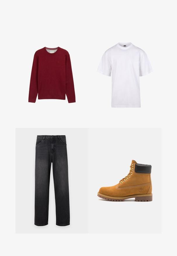Burgundy crewneck sweater made of soft fabric. Long sleeves and ribbed cuffs with a small logo detail on the chest. Smooth texture.; White cotton t-shirt with a crew neckline, short sleeves, and a relaxed fit. Features plain design without patterns or accents.; Dark gray denim jeans with a straight-leg design, featuring a zip fly, five pockets, and subtle fading details on the fabric.; Tan suede ankle boot with black padded collar, gold metal eyelets, white stitching detailing, and rugged rubber sole with pronounced treads.