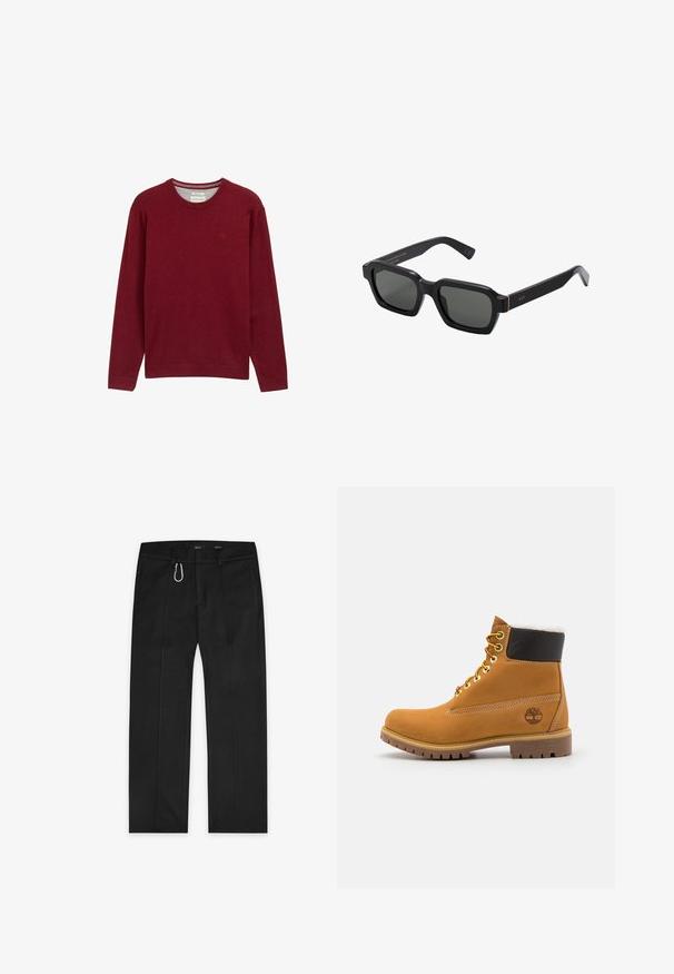 Burgundi spalvos megztinis su apvalia iškirpte, pagamintas iš švelnios medžiagos. Ilgos rankovės ir elastiniai rankogaliai su mažo logotipo detale ant krūtinės. Lygi tekstūra.; Juodos kelnės, pagamintos iš audinio, su tiesaus kojos dizainu, dviem šoninėmis kišenėmis, priekiniu užtrauktuku ir išore stataus kilpos detale.; Rudos odinės aulinės puikiai tinka su metaliniais akmenukais, baltu dirbtiniu kailiu, juodu paminkštintu apvadu, tvirtu padu ir įspaustu logotipu šone.; Juodi, kvadratiniai akiniai nuo saulės su pilkais lęšiais. Stori plastikiniai rėmeliai su auksiniais akcentais ir prekės ženklu ant smilkinių. Lygus paviršius.