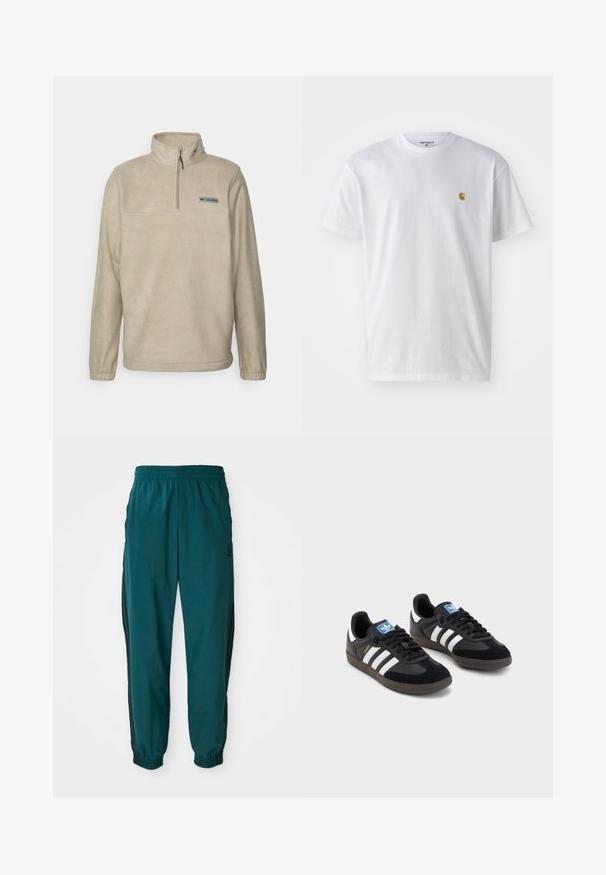 Μπεζ φλις πούλοβερ με μισό φερμουάρ στον γιακά, μακριά μανίκια και επίπεδη θήκη στο στήθος με μικρό λογότυπο. Μαλακή υφή και απλός σχεδιασμός.; Λευκό βαμβακερό T-shirt με κοντά μανίκια, κλασική λαιμόκοψη, που διαθέτει ένα μικρό χρυσό λογότυπο στην αριστερή περιοχή του στήθους. Μαλακή υφή και κανονική εφαρμογή.; Τιρκουάζ αθλητικά παντελόνια με ζωνάκι προσαρμογής, ελαστικούς μανσέτες και μαύρες ρίγες στα πλάγια. Φτιαγμένα από ελαφρύ ύφασμα, με λογότυπο κοντά στο ισχίο.; Μαύρα αθλητικά παπούτσια με επάνω μέρος από σουέτ και συνθετικό υλικό, με τρεις λευκές ρίγες, υφασμάτινη σόλα από καουτσούκ και μπλε ταυτότητα λογότυπου στη γλώσσα.