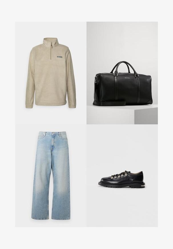 Bežový fleecový pulovr s polovičním zipem, dlouhými rukávy a rovnou náprsní kapsou s malým logem. Měkká textura a jednoduchý design.; Světle modré široké džíny vyrobené z denimu, s vysokým pasem, předními kapsami a vybledlým umytím s jemným zažloutlým efektem na stehnech.; Černá kožená nízká obuv s tlustou podrážkou, kovovými oky, dekorativními stříbrnými přívěsky na šněrování a strukturovaným vzorkem na podrážce.; Černá kožená cestovní taška s dvojitými madly a nastavitelným ramenním popruhem. Obsahuje stříbrné kovové doplňky a diskrétní embosované logo na přední straně.