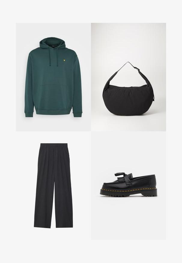 Mörkgrön mobilhetta gjord av mjukt tyg. Har en framficka (kangaroo pocket) och en liten gul logotyp på bröstet.; Vidbyxorna är tillverkade av mörkgrått tyg. De har veck i midjan, en skräddarsydd design och en rak silhuett.; Svart läderloafer med en tofsdetalj, med en kraftig svart sula och gul söm längs kanten. Strukturerad yta.; Svart tygaxelväska med en böjd form, som har en enkel rem och ett dragkedjestängning. Mjukt material, minimalistisk design.