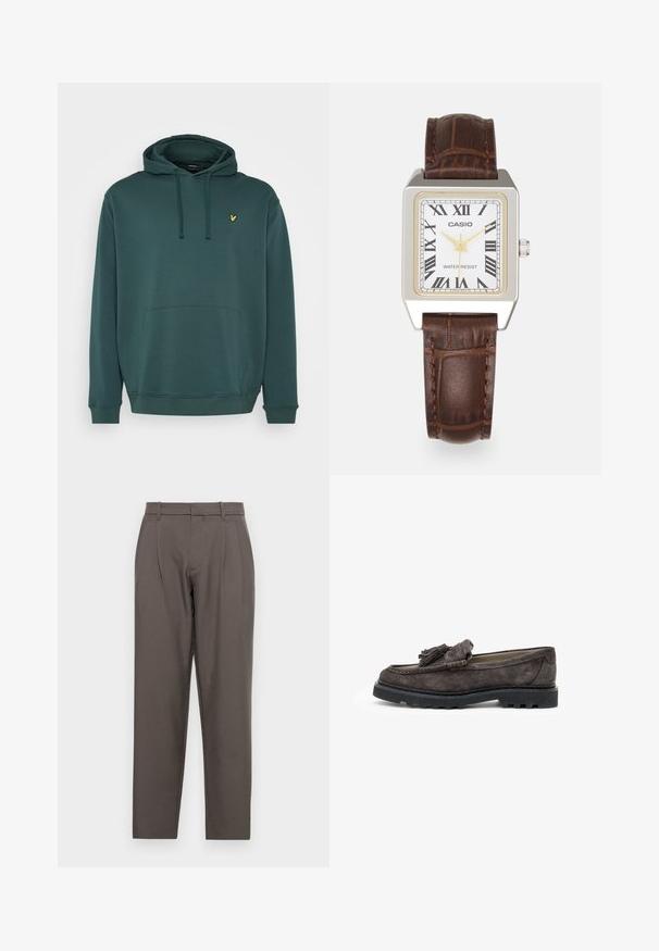 Felpa con cappuccio verde scuro realizzata in tessuto morbido. Presenta una tasca a marsupio frontale e un piccolo logo giallo sul petto.; Jack & Jones JPSTBILL JJDAYTONA WIDE - Pantaloni - pavement; Mocassini scamosciati grigio scuro con un accento a tracolla frontale, suola piatta in gomma e dettagli di cucitura a contrasto lungo il bordo.; Orologio rettangolare Casio con quadrante bianco, dettagli dorati, numeri romani e cinturino in pelle con motivo coccodrillo marrone. Design resistente all'acqua.; Orecchini a cerchio in argento con grandi perle bianche e rotonde. Il design presenta una texture liscia e una chiusura sicura per il fissaggio.
