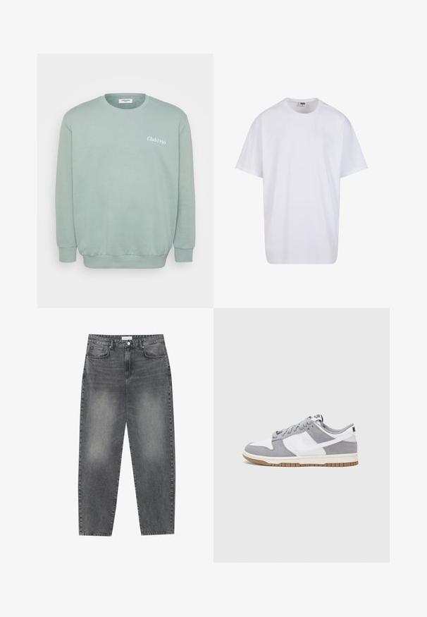 Menta zelena dukserica s okruglim izrezom, napravljena od mekane mješavine pamuka. Ima rebraste manžete i donji rub, s natpisom "Club1990" ispisanim bijelom bojom na prednjoj strani.; Bijela pamučna majica s kratkim rukavima, zaobljenim izrezom, opuštenog kroja, bez vidljivih logotipa ili uzoraka. Glatka tekstura i minimalni dizajn.; Traperice visokog struka, širokog kroja u izblijedjelom crnom denimu. Imaju pet džepova, petlje za remen, i čist, ravni kroj nogu.; Sivi i bijeli tenisice s gornjištem od antilopa i kože, okruglim vrhom, ravnim vezicama i gumenim potplatom s dodatkom boje gume.