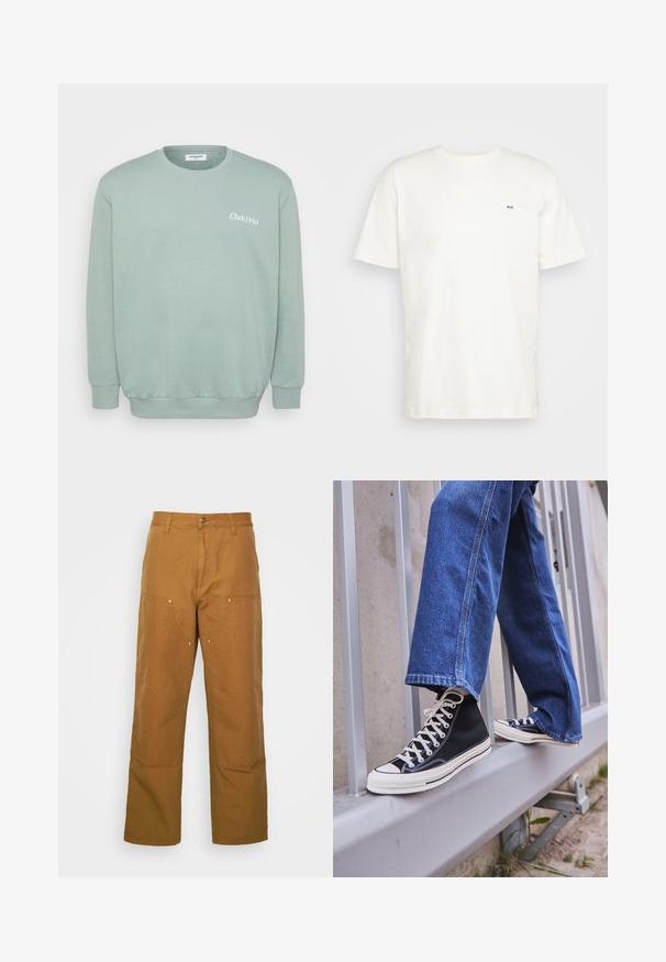 Mintgroene crewneck sweatshirt gemaakt van een zachte katoenmix. Heeft ribgebreide manchetten en onderrand, met "Club1990" in het wit op de voorkant gedrukt.; Witte katoenen t-shirt met ronde hals, korte mouwen en een klein zwart "W.W." logo op de linkerborst. Gladde textuur, reguliere pasvorm.; Bruine katoenen utility broeken met een rechte pijpdesign, voorzien van voorzakken en metalen hardware accenten voor extra duurzaamheid.; Zwarte hoge sneakers met witte zool en veters, gecombineerd met losse blauwe denim jeans, rustend op een grijze leuning.