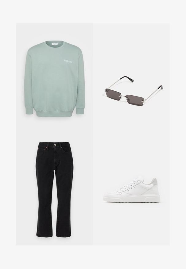 Mėtų spalvos apvalios iškirpės megztinis, pagamintas iš minkštos medvilnės mišinio. Sukurtas su išritiniais rankogaliais ir apatine dalimi, priekyje spausdinta "Club1990" balta spalva.; Juodi džinsai išdenimo, tiesaus kirpimo, su penkiomis kišenėmis ir metalinėmis detalėmis su vario akcentais. Glotni tekstūra ir vidutinė liemens linija.; Balti odiniai sportbačiai su lygiu paviršiumi, apvaliu pirštu, plokščiomis raištelėmis ir struktūrizuota padu. Pilko zimšo akcentas ant kulno.; Akiniai nuo saulės su stačiakampiais, tamsiai pilkais lęšiais, sidabriniais metaliniais rėmeliais ir juodais plastikiniais galiukais. Lengvas dizainas su nosies pagalvėlėmis.
