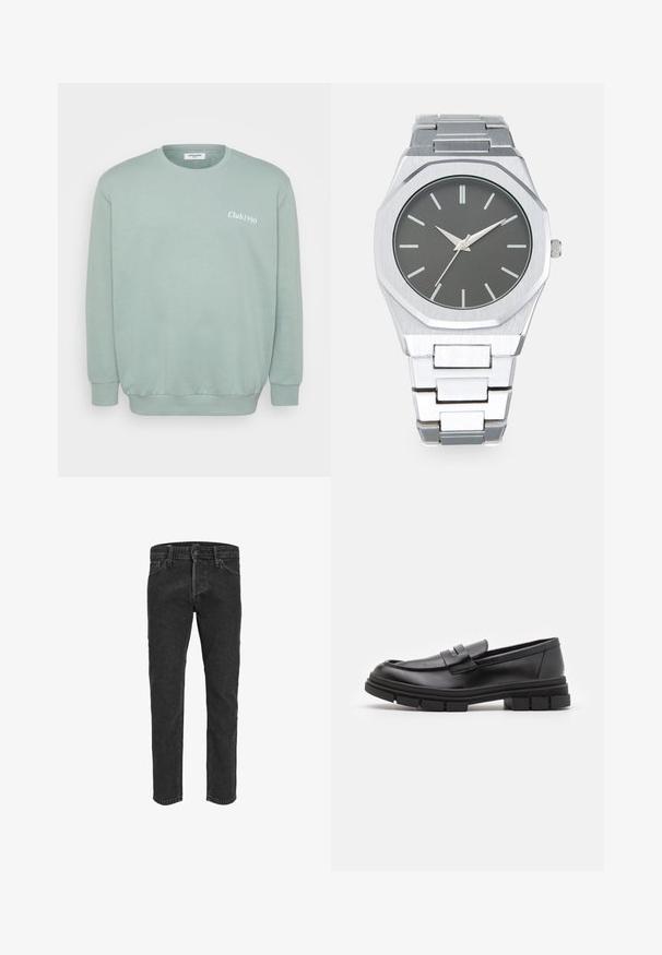 Mint green crewneck sweatshirt made from soft cotton blend. Features ribbed cuffs and hem, with "Club1990" printed in white on front.; Black denim jeans with a straight leg design, five pockets, and belt loops, featuring a slightly faded texture and contrast stitching.; Black leather loafers with a smooth finish, featuring a front strap detail and a chunky rubber sole with grooved accents.; Silver analog watch with an octagonal case, gray dial, silver hour markers, and a stainless steel link bracelet. Minimalist design with smooth texture.