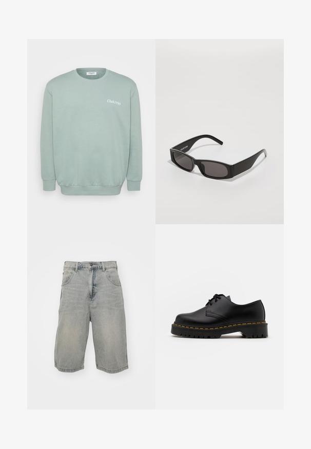 Vihreä crewneck-huppari, joka on valmistettu pehmeästä puuvillasekoitteesta. Ominaisuuksiin kuuluvat joustavat hihansuut ja helma, sekä etupuolella valkoisella painettu "Club1990".; Vaaleansiniset farkkushortsit rennolla leikkauksella, joissa on viisi taskua, vyölenkit ja haalistunut pinta. Helma on käännetty ja ommeltu.; Musta nahkainen nauhakenkä, jossa on pyöreä kärki, kuvioitu kumipohja ja keltaiset tikit ympäri pohjaa. Litteä muotoilu ja sileä pinta.; Mustat suorakulmaiset aurinkolasit tummilla linsseillä, sileä muovikehys ja hienovarainen logo vasemmassa varressa. Minimalistinen muotoilu.