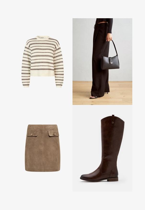 Jasnobeżowy sweter z ciemnobrązowymi poziomymi paskami. Posiada okrągły dekolt oraz ściągacze na mankietach i u dołu. Miękka faktura, krótki fason.; Brązowa zamszowa mini spódnica o gładkiej fakturze, z dwiema przednimi kieszeniami na klapki oraz zapięciem na guziki po obu stronach. Prosty, prosty krój.; Brązowe botki za kolano wykonane z gładkiej skóry, z zaokrąglonym noskiem, niskim, klejonym obcasem oraz subtelnym wzorem przeszyć po bokach.; Czarna torebka o usztywnionym kształcie, gładkiej fakturze i metalowym zapięciem. Połączona z szerokimi czarnymi spodniami i sandałami na otwartym palcu na drewnianej podłodze.