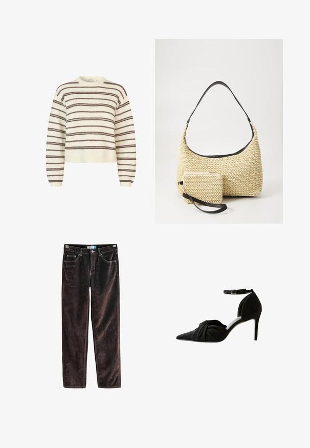 Lys beige sweater med mørkebrun vandrette striber. Har en rund halsudskæring og ribbede manchetter og kant. Blød tekstur, cropped pasform.; Brune fløjl straight-leg bukser med fem lommer, kontraststing og knaplukning i taljen. Blød tekstur med ribbet mønster.; Sort ruskind højhælet sko med spids tå, knyttet detalje foran, ankelrem og en tynd stiletto hæl.; Vævet stråhåndtaske med en buet silhuet, der har en glat sort læderrem og en matching lille pung, der er fastgjort med en håndledsrem.