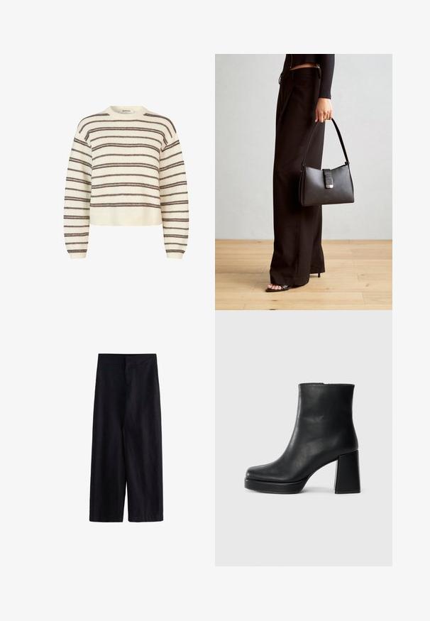 Pull léger beige avec des rayures horizontales marron foncé. Il présente un col rond et des poignets et un ourlet côtelés. Texture douce, coupe courte.; Pantalons larges noirs en tissu léger. Dotés d'une taille plate avec une fermeture éclair à l'avant et de poches, adaptés pour un style décontracté ou formel.; Bottine en cuir noir avec un talon bloc et une semelle plateforme, vue de côté sur un fond blanc uni.; Sac à main noir à la forme structurée, texture lisse et fermoir métallique. Associé à un pantalon noir ample et des sandales ouvertes sur un sol en bois.