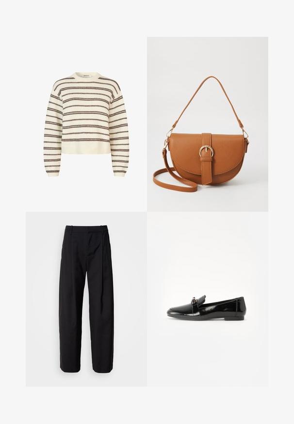 Lichtbeige sweater met donkerbruine horizontale strepen. Heeft een ronde hals en ribgebreide manchetten en onderkant. Zachte textuur, cropped fit.; Zwarte broek met een ontspannen pasvorm, geplooide voorkant en riemlussen. Soepele stof en rechte pijpen, met zijzakken.; Zwarte gepatenteerde leren loafer met een vlakke zool, ronde teen en een decoratieve band met een gouden accen. Gladde, glanzende afwerking.; Bruine leren schoudertas met een gebogen vorm, gouden hardware en een gespaccent. Bevat een afneembare schouderriem.