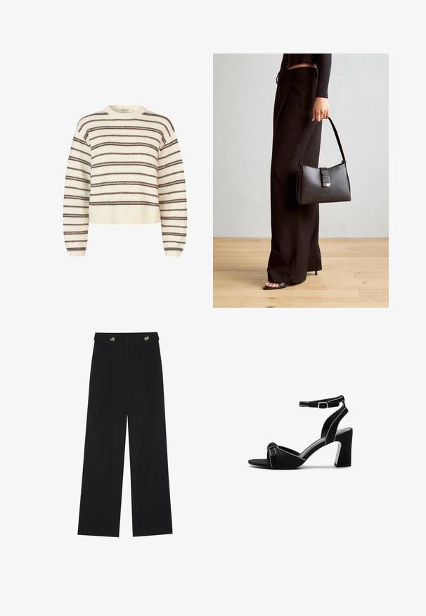 Helles beige Sweatshirt mit dunkelbraunen horizontalen Streifen. Hat einen Rundhalsausschnitt sowie gerippte Bündchen und Saum. Weiche Textur, cropped Fit.; Schwarze weite Hosen mit hoher Taille, Knopfdetails am Bund und vorderen Falten.; Schwarze Wildleder-Pumps mit einem breiten Blockabsatz, verstellbarem Knöchelriemen, Offene Zehen-Design und kontrastierenden gesteppten Details.; Schwarze Handtasche mit strukturierter Form, glatter Textur und einem metallischen Verschluss. Kombiniert mit weiten schwarzen Hosen und offenen Sandalen auf einem Holzboden.