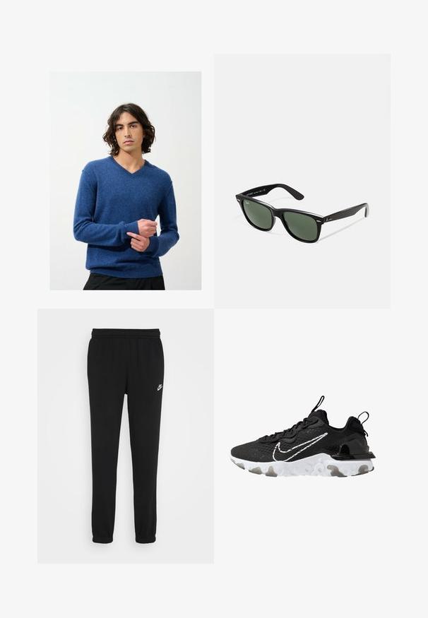 Sininen V-aukko neulepusero, joka on valmistettu pehmeästä kudotusta materiaalista, jossa on koristekudotut hihansuut ja helma; malli käyttää sitä sisätiloissa yksinkertaista taustaa vasten.; Mustat collegehousut, joissa on elastinen vyötärö, resoreilla varustetut lahkeet ja pieni valkoinen Nike-logo vasemmalla puolella. Valmistettu pehmeästä teksturoidusta kankaasta.; Musta urheilujalkine, jossa on teksturoitu kangasosa, valkoinen Nike-yrityslogo ja paksu valkoinen pohja. Sisältää vetotarran kantapäässä helpompaa pukemista varten.; Mustat muoviset aurinkolasit, joissa on vihreät linssit, neliönmuotoiset kehykset, hopeinen yksityiskohta kulmakarvojen kohdalla sekä tekstuuriset temppeleiden varret. Brändi ilmoitettu sisävarsissa.