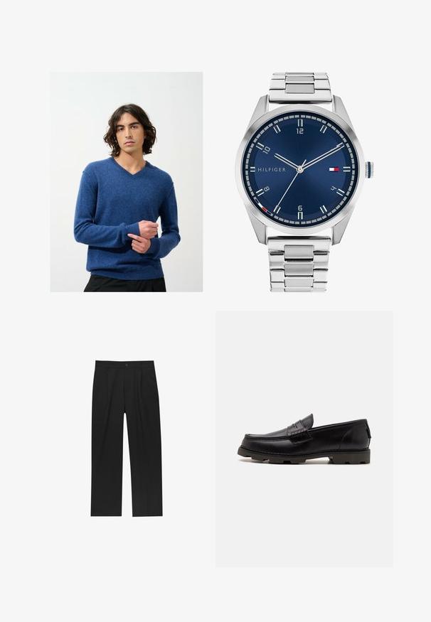 Maglione blu a V in morbido tessuto a maglia, con polsini e orlo a costine; modello che lo indossa all'interno, su uno sfondo semplice.; Pantaloni neri con un design a gamba dritta, realizzati in un tessuto liscio. Presentano pieghe frontali e una chiusura a un bottone in vita.; Mocassini in pelle nera con punta rotonda, cuciture decorative e suola testurizzata per una migliore aderenza. Tacco leggermente rialzato.; Orologio in metallo argentato con quadrante blu spazzolato, indici bianchi e display della data. Dotato di un bracciale metallico a maglie e logo del marchio.