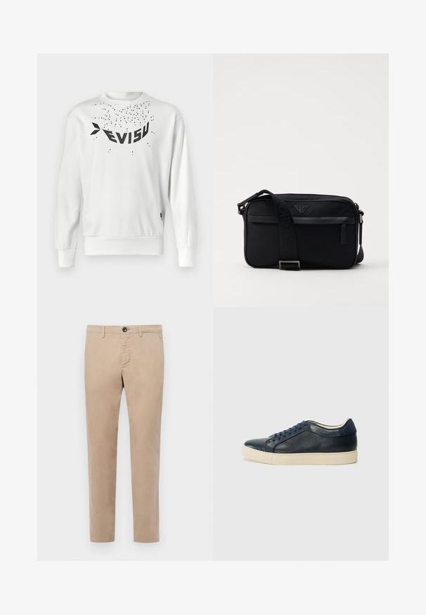 Biała bluza z dużym czarnym logo "EVISU", rozrzuconymi małymi czarnymi kropkami oraz ściągaczami przy mankietach i na dole. Wykonana z miękkiej bawełny.; Beżowe bawełniane spodnie o prostym kroju, z zamkiem błyskawicznym, zapięciem na guzik i kieszeniami bocznymi. Gładka faktura i dopasowany krój.; Granatowe skórzane trampki z kremową gumową podeszwą, wyposażone w niebieskie sznurówki i gładką teksturę. Okrągły czubek i minimalistyczny design.; Czarna nylonowa torba na ramię z kontrastowym paskiem, eleganckim prostokątnym kształtem, detalem logo oraz kieszenią na suwak z przodu.