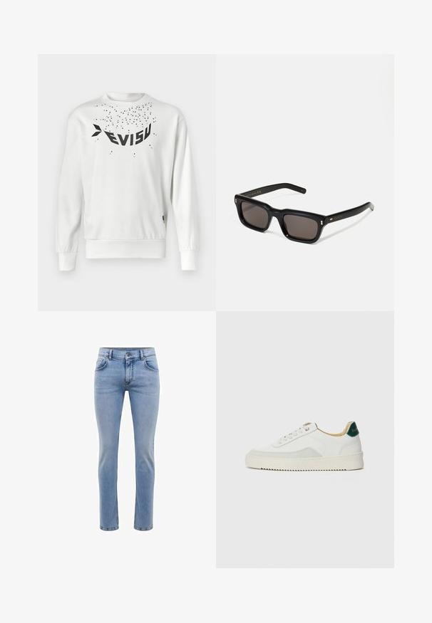 Sudadera blanca con un gran logo negro "EVISU", pequeños puntos negros dispersos y puños y dobladillo de canalé. Material de algodón suave.; Jeans de mezclilla azul claro con un corte ajustado, cinco bolsillos y un diseño de pierna recta. Cuenta con una cremallera y trabillas para cinturón. Textura suave.; Zapatilla blanca con acentos de ante, puntera redondeada, cordones planos y suela de goma color crema. Presenta un logo verde en el talón.; Gafas de sol rectangulares negras con lentes oscuros, marco de plástico grueso, acentos dorados en las patillas y logotipo de la marca grabado en el brazo.; Vivienne Westwood CITY BUMBAG UNISEX - Riñonera - black