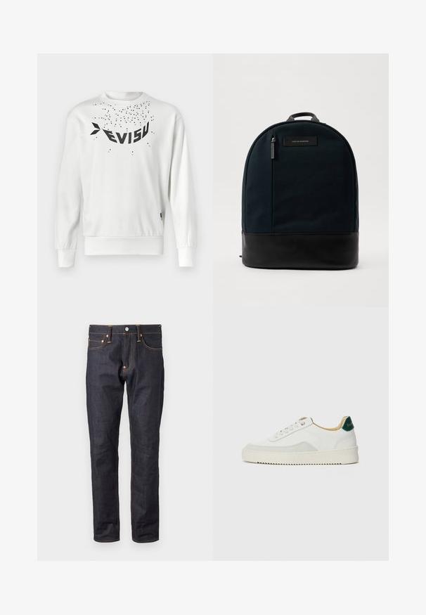 Felpa bianca con grande logo nero "EVISU", piccole macchie nere sparse e polsini e orlo a coste. Materiale in cotone morbido.; Evisu SEAGULL PRINTED JEANS - Jeans slim fit - blue denim; Sneaker bianco con accenti in camoscio, punta rotonda, lacci piatti e suola in gomma crema. Presenta un marchio verde sul tallone.; Zaino con un corpo in tessuto verde scuro e un fondo in pelle nera. Presenta una maniglia superiore e una tasca frontale con zip dotata di etichetta.