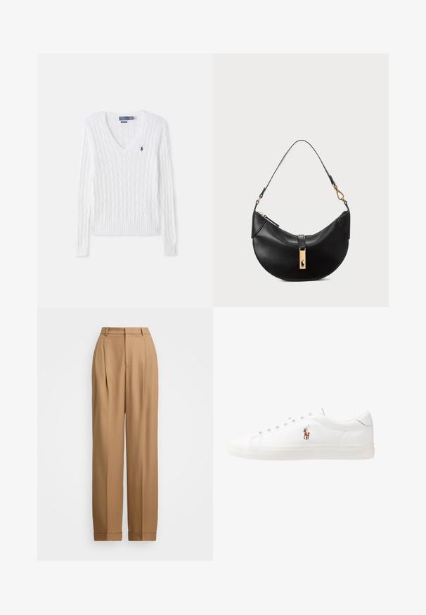 Biały sweter w splot akrylowy z dekoltem w kształcie V, prążkowanymi mankietami i dołem oraz małym granatowym logo na lewej piersi. Wykonany z miękkiego materiału.; Jasnoniebieska koszula z długim rękawem, zapinana na guziki, z białym kontrastującym kołnierzykiem. Posiada gładką teksturę i pięć guzików z przodu.; Beżowe spodnie o dopasowanym kroju z wysokim stanem, plisowanym przodem, zwężanymi nogawkami i podwiniętymi mankietami. Gładki materiał o subtelnej fakturze.; Białe skórzane sneakersy, niskoprofilowy design, charakteryzujące się gładką fakturą, okrągłym noskiem, sznurowanym przodem i małym haftowanym logo z boku.; Czarna skórzana torebka w kształcie półksiężyca. Ma złote akcenty i wąski pasek. Gładka tekstura, zamek błyskawiczny na górze.