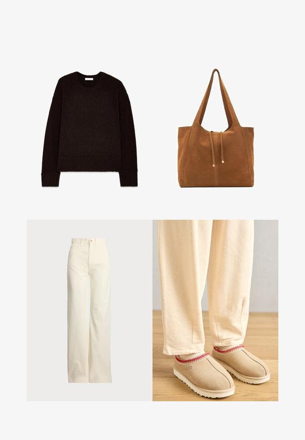 Suéter de punto marrón oscuro con cuello redondo, mangas largas y puños y dobladillo acanalados. Textura suave con un diseño de ajuste relajado.; Polo Ralph Lauren COTTON CORDUROY WIDE-LEG PANT - Pantalones - warm white; Zuecos de ante marrón con un borde decorativo rojo y suela de goma blanca, combinados con pantalones beige claros, sobre un suelo de madera.; Bolso tote de ante marrón con dos asas largas, cierre de cordón y un diseño minimalista. Textura suave y sin acentos de hardware visibles.