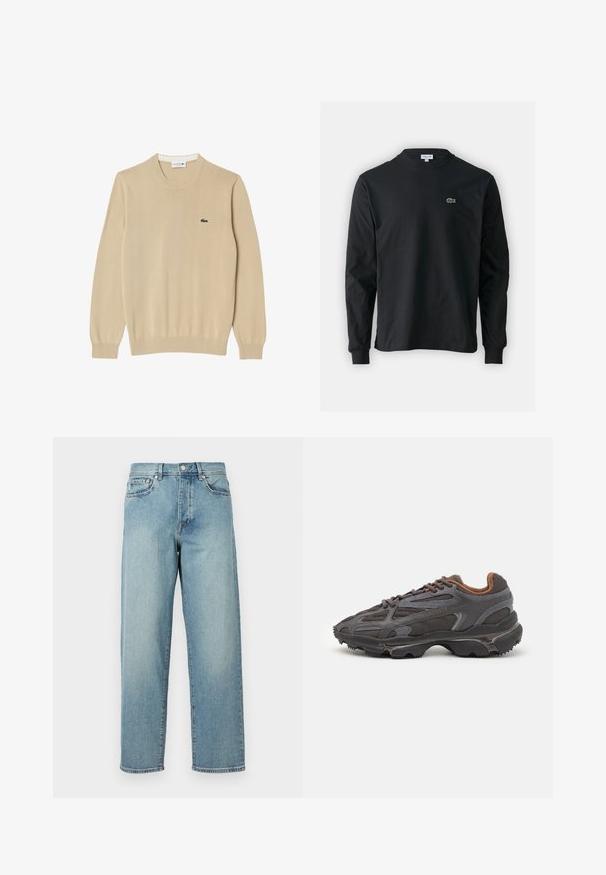 Beżowy sweter dzianinowy z długimi rękawami, okrągłym dekoltem i prążkowanymi mankietami. Posiada małe zielone logo Lacoste na piersi.; Czarna koszulka z długim rękawem, wykonana z bawełny, z okrągłym dekoltem i małym haftowanym logo krokodyla w kolorze zielonym po lewej stronie klatki piersiowej.; Jasnoniebieskie dżinsy o luźnym kroju, proste nogawki, pięć kieszeni i zapięcie na guzik w talii. Minimalistyczne detale w szwie.; Sneakers Lacoste w ciemnoszarym kolorze, wykonane z siateczki i materiału syntetycznego, z teksturowaną podeszwą oraz brązowymi akcentami na kołnierzu i logotypie.