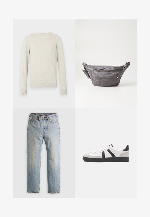 Beige trui met lange mouwen en ronde hals, voorzien van ribbels aan de mouwen en onderkant, gepresenteerd tegen een eenvoudige witte achtergrond.; Lichtblauwe denim jeans met hoge taille, frontknop, rits en vijfzakkenontwerp, plat gelegd op een neutrale achtergrond.; Witte sneaker met zwarte en grijze accenten, voorzien van een grijze neus met textuur, zwarte rubberen zool en platte witte veters. Schoon ontwerp, minimalistische stijl.; Grijze suède heuptas met een ronde vorm, twee met rits afgesloten compartimenten en een verstelbare band. Voorzien van metalen accenten.