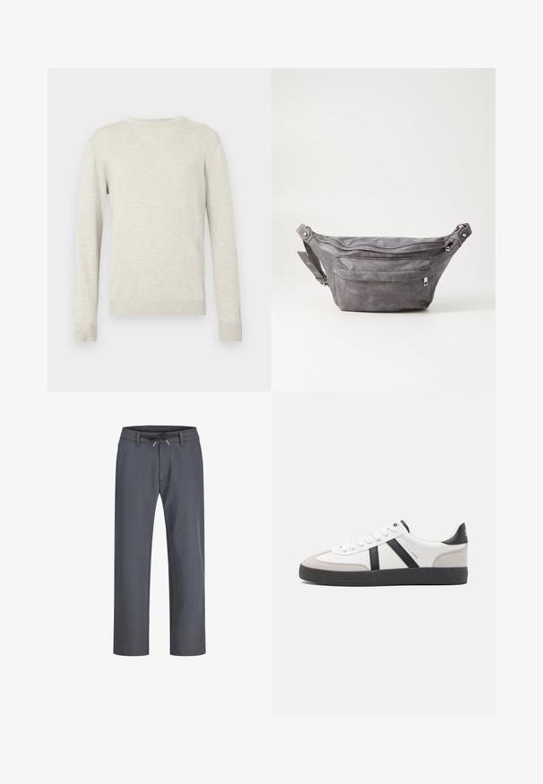Langermet beige genser med rund hals og ribbestrikkede mansjetter og kant, vist mot en ensfarget hvit bakgrunn.; Grå bukser med elastisk midjebånd og snor. Rett ben-design, laget av glatt stoff, med minimalt søm og uten synlig utstyr.; Hvite sneakers med svarte og grå detaljer, med en teksturert grå tåhette, svart gummisåle, og flate hvite lisser. Rent design, minimalistisk stil.; Grå semsket fanny pack med avrundet form, to glidelåslommer og justerbar stropp. Har metallbeslag som detaljer.