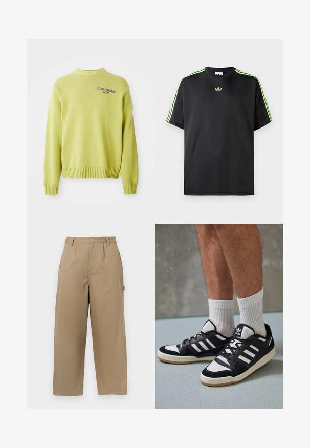 Világoszöld kötött pulóver ribbed nyakkivágással és mandzsettákkal. A hátán egy lila "Carhartt WIP" logó található, laza szabással.; Fekete póló sima anyagból, kerek nyakkivágással, három zöld csíkkal a vállakon és egy kis zöld logóval a mellkason.; Bézs színű, bő szabású nadrág pamutkeverékből, magas derékkal, elöl pliszírozással és két oldalsó zsebbel, amelyek gombbal záródnak.; Fekete-fehér tornacipők velúr és bőr felsőrésszel, három fehér csíkkal, perforált orral és gumi talppal.