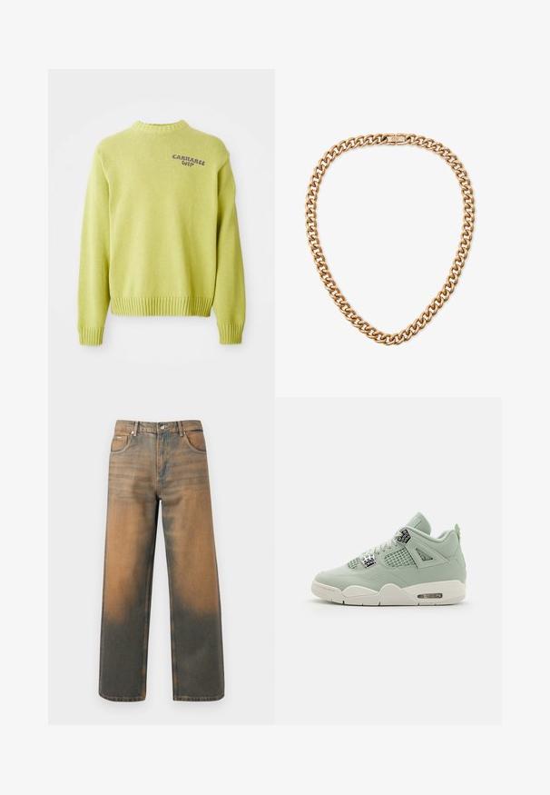 Hellgrüner gestrickter Pullover mit ribbeligem Ausschnitt und Bündchen. Auf der Rückseite befindet sich ein lila "Carhartt WIP"-Logo, mit einem lockeren Schnitt.; Weite Jeans aus verwittertem blauem und braunem Denim. Sie haben eine hohe Taille, Vorderseiten-Taschen und einen klassischen Knopfverschluss mit metallischen Akzenten.; Hellgrüner Sneaker mit Obermaterial aus Leder, Netzpaneelen, weißer Sohle und markanten Akzenten. Verfügt über Schnürsenkel und eine Luftpolsterung in der Ferse.; Halskette aus goldfarbenem Metall mit großen, ineinandergreifenden Gliedern und einem sicheren Verschluss. Glatte, glänzende Oberfläche mit poliertem Finish.