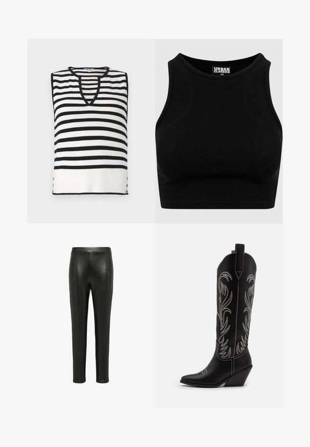 Czarna i biała w paski bezrękawnik z dekoltem w kształcie litery V, prążkowaną teksturą oraz dekoracyjnymi guzikami po bokach. Lekki materiał dzianinowy.; Czarny prążkowany krótki top o okrągłym dekolcie i bezrękawowym fasonie. Wykonany z elastycznej, teksturowanej tkaniny. Metka z napisem "Urban Classics."; Czarne skórzane legginsy o dopasowanym kroju, gładkiej fakturze i wysokim stanie. Nogawki zwężają się do kostek, bez widocznych elementów hardware.; Czarne skórzane kowbojskie buty z wydłużonymi noskami, obcasem typu koturn oraz srebrnymi haftowanymi wzorami kwiatowymi wzdłuż cholewy. Kontrastowe szwy na całej długości.
