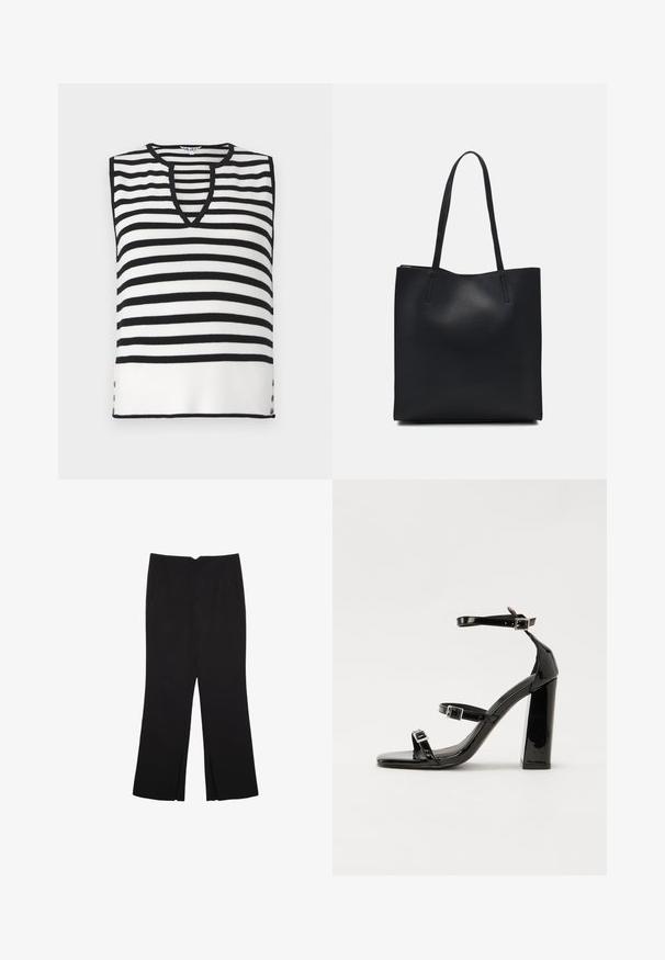Schwarz-weiß gestreifter ärmelloser Top mit V-Ausschnitt, gerippter Textur und dekorativen Knöpfen an den Seiten. Leichtes Strickmaterial.; Schwarze Hose mit geradem Schnitt, ausgestattet mit Fronttaschen und Seitenschlitzen am Saum. Hergestellt aus weichem, glattem Stoff. Geeignet für verschiedene Anlässe.; Schwarze patentierte Sandalen mit Absatz, quadratischer Spitze, Knöchelriemen und silbernen Schnallen. Mit einem stabilen Blockabsatz für mehr Stabilität.; Schwarze Laptoptasche aus Leder mit glatter Textur, rechteckiger Form und zwei langen Griffen. Keine sichtbaren Beschläge oder Verzierungen.