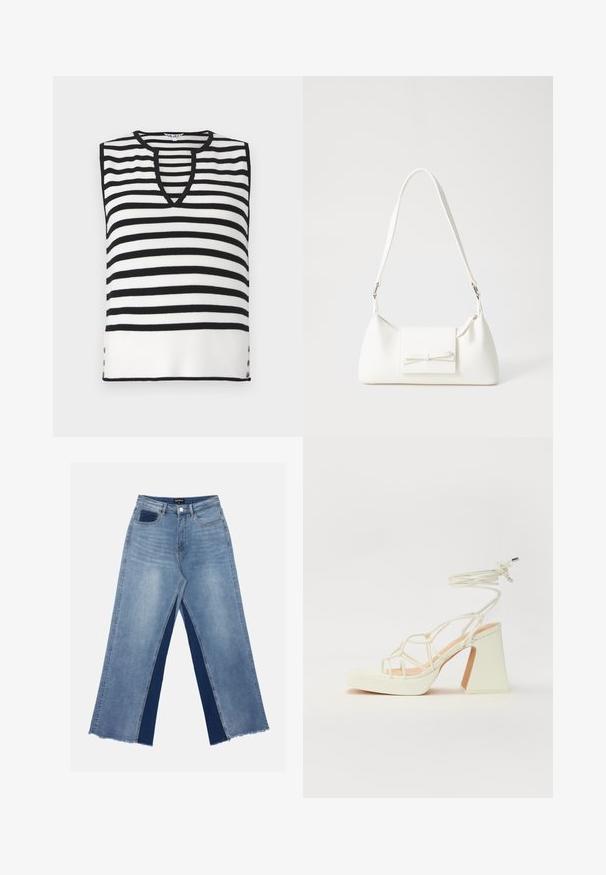 Schwarz-weiß gestreifter ärmelloser Top mit V-Ausschnitt, gerippter Textur und dekorativen Knöpfen an den Seiten. Leichtes Strickmaterial.; Hellblaue weite Jeans mit kontrastierenden dunkelblauen Einsätzen, ausgefransten Säumen und einem normalen Bund mit metallener Knopfverschluss.; Weiße High-Heel-Sandale mit einem klobigen Absatz, die über ein Riemchendesign und ein Knöchelband verfügt. Glatte Textur mit einer Plattform vorne für zusätzliche Höhe.; Weiße synthetische Handtasche in dreieckiger Form, flache Vorderklappe und Schleifendetail, verstellbarer Trageriemen, glatte Textur und minimalistisches Design.