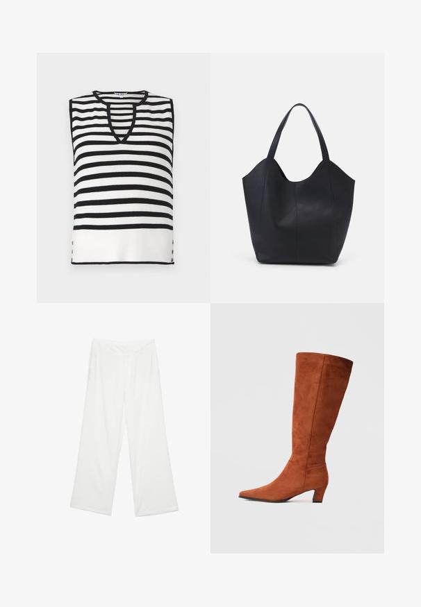 Black and white striped sleeveless top with a V-neck, ribbed texture, and decorative buttons at the sides. Lightweight knit material.; Wide-leg trousers in white fabric, featuring a smooth texture, front pockets, and a classic waistband with belt loops.; Brown suede knee-high boot with a pointed toe and a small block heel, featuring a smooth texture and minimalistic design.; Black tote bag made of smooth leather, featuring a curved, open top with two shoulder straps and a minimalist design.