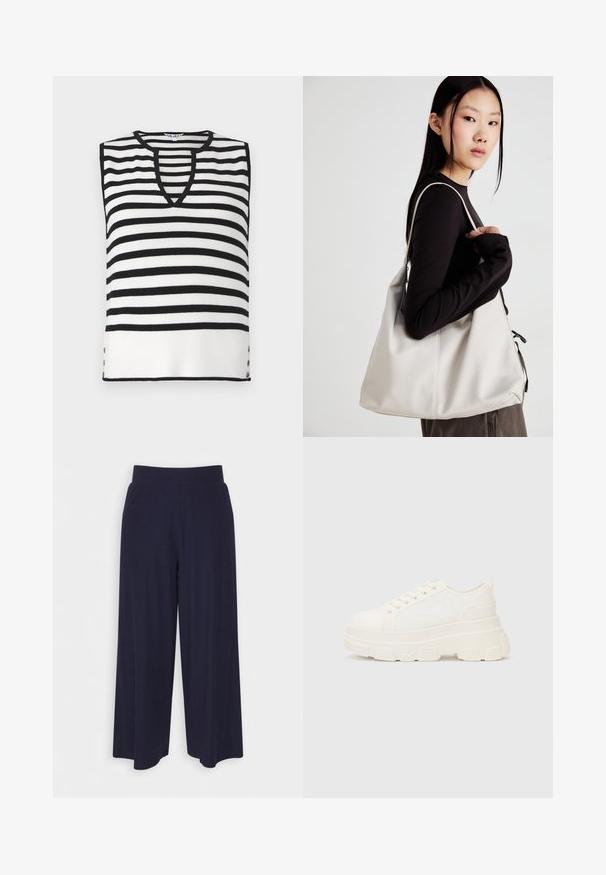 Top senza maniche a righe bianche e nere con scollatura a V, texture a costine e bottoni decorativi ai lati. Materiale in maglia leggera.; Pantaloni a gamba larga in tessuto navy scuro con una texture a coste. Presentano una vita liscia e una silhouette fluida, che arriva a metà polpaccio.; Sneaker bianca in tela con suola spessa, punta arrotondata e cinque occhielli per i lacci. Linguetta sul retro per una facile calzata. Texture liscia, design minimalista.; Borsa a mano beige realizzata in materiale morbido, caratterizzata da un design morbido, dettagli cuciti e due manici. Adatta per l'uso quotidiano.