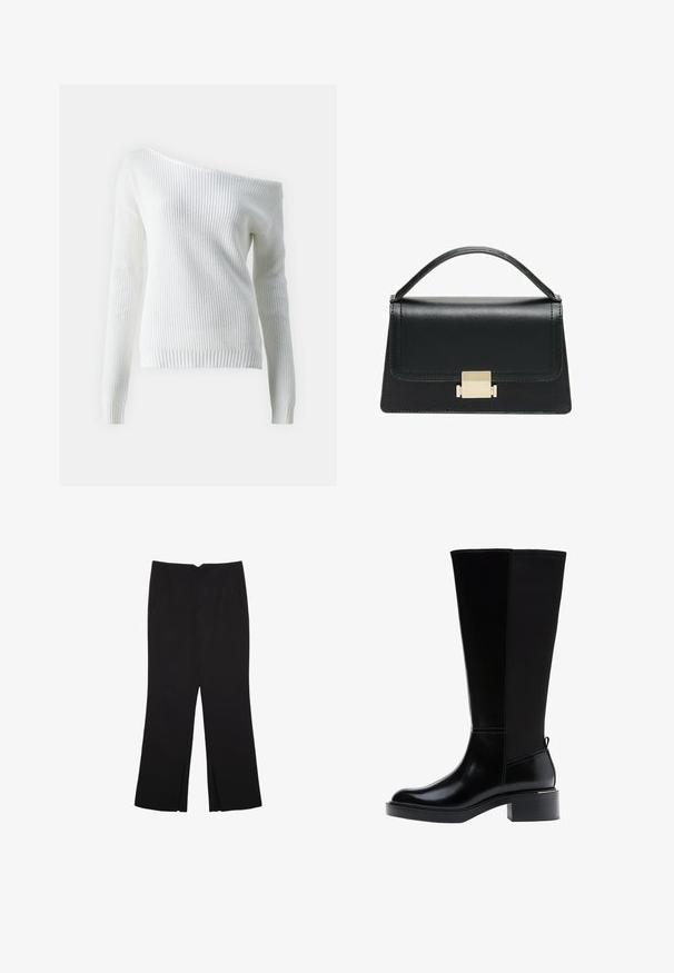 Weißer Off-Shoulder-Pullover aus geripptem Strickstoff, mit langen Ärmeln, einem taillierten Saum und einem strukturierten Muster im gesamten Design.; Schwarze Hose mit geradem Schnitt, ausgestattet mit Fronttaschen und Seitenschlitzen am Saum. Hergestellt aus weichem, glattem Stoff. Geeignet für verschiedene Anlässe.; Schwarzer kniehoher Stiefel aus glattem Leder, mit markanten Nähten, klobigem Absatz und einer strukturierten Rückseite für zusätzlichen Akzent.; Schwarze Lederhandtasche mit strukturiertem Design, oberem Griff und einem goldenen Metallschnappverschluss auf der Vorderseite. Glatte Textur, minimale Nähte.