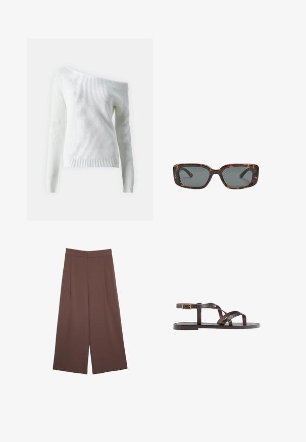 Weißer Off-Shoulder-Pullover aus geripptem Strickstoff, mit langen Ärmeln, einem taillierten Saum und einem strukturierten Muster im gesamten Design.; Braune Weite-Leg-Hosen mit einer glatten Textur, hoher Taille und Vorderfalten. Der Stoff ist leicht und fällt locker.; Braune Leder-Sandale mit überkreuzten Riemen, einem Knöchelriemen mit Schnalle und einer flachen Sohle mit minimalen Nähdetails.; Sonnenbrille im Schildpatt-Design mit rechteckigen Gläsern, dicken Rahmen und dunkelgetönten Gläsern. Glatte Textur und minimalistisches Design.