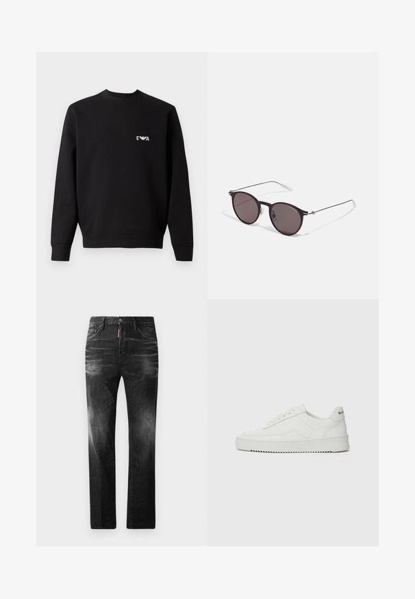 Sweatshirt preto com gola redonda, mangas longas e punhos canelados. Apresenta um pequeno logótipo branco bordado no peito. Material em mistura de algodão.; Jeans de denim preto com um corte reto. Apresentam áreas desbotadas, ligeira degradação, design clássico de cinco bolsos e um fecho de botão.; Sapatilha de couro branco com acabamento suave, bico redondo, atacadores planos e uma sola texturizada. Apresenta um logotipo discreto no calcanhar.; Óculos de sol redondos pretos com lentes escuras e hastes metálicas finas. Inclui pontas de templo transparentes e detalhes em prata na dobradiça. Design minimalista.