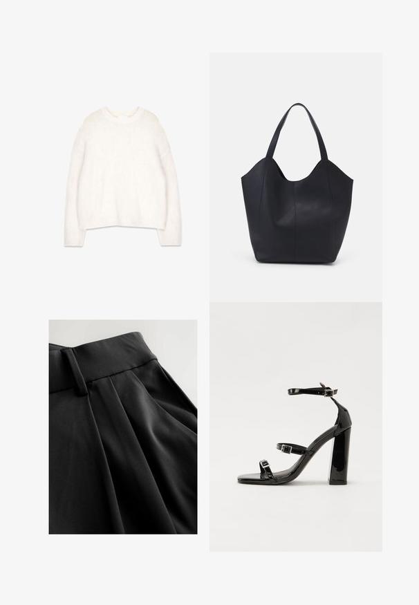Balts, pūkains džemperis ar apaļu kakla izgriezumu, garām piedurknēm un brīvu piegriezumu. Izgatavots no mīkstas, teksturētas auduma, ar ribotām piedurknēm un apakšmalu.; Melnas bikses ar gludu, vieglu faktūru, kurām ir pielāgota jostasvieta un priekšpuses krokas, uzsverot strukturētu siluetu.; Melnas lakotas augstpapēžu čības ar kvadrāta purngalu, potīšu siksniņām un sudraba sprādzēm. Aprīkotas ar masīvu bloku papēdi stabilitātei.; Melnas rokassomas, kas izgatavota no gludas ādas, ar izliekto atvērto augšu, divām plecu jostām un minimālistisku dizainu.