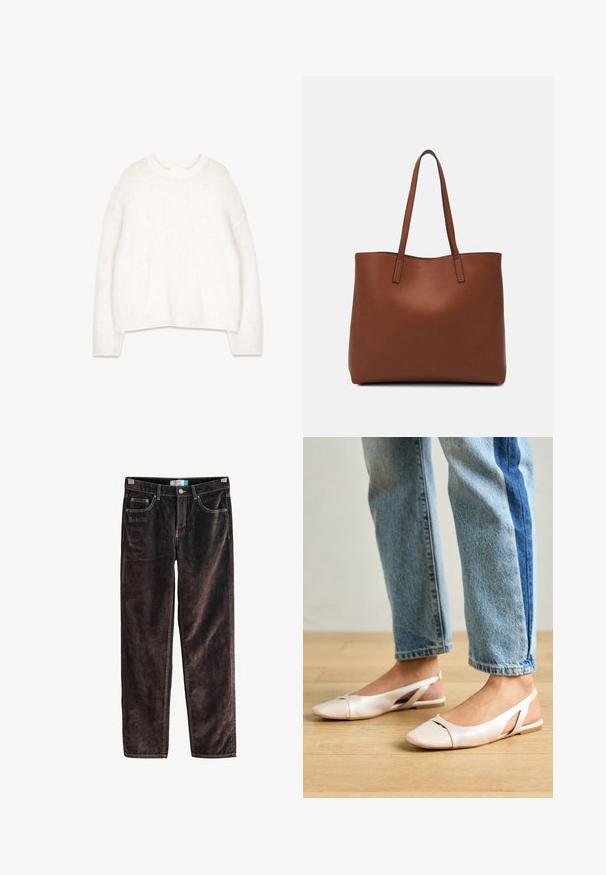 Balts, pūkains džemperis ar apaļu kakla izgriezumu, garām piedurknēm un brīvu piegriezumu. Izgatavots no mīkstas, teksturētas auduma, ar ribotām piedurknēm un apakšmalu.; Brūnie korduroja taisni bikses ar piecām kabatām, kontrastējošām šuvēm un pogu aizdari jostas vietā. Mīksta tekstūra ar rievojumu rakstu.; Bālti rozā siksniņu dzīvokļi ar smailu purngalu, izgatavoti no gludas ādas līdzīgās materiāla. Iezīmē izgriezumu detaļas sānos un platu papēdi.; Brūna ādas iepirkumu soma ar gludu tekstūru, atvērta augšdaļa un divas plecu siksnas. Izceļas ar minimālām šuvēm un redzamu aparatūru nav.