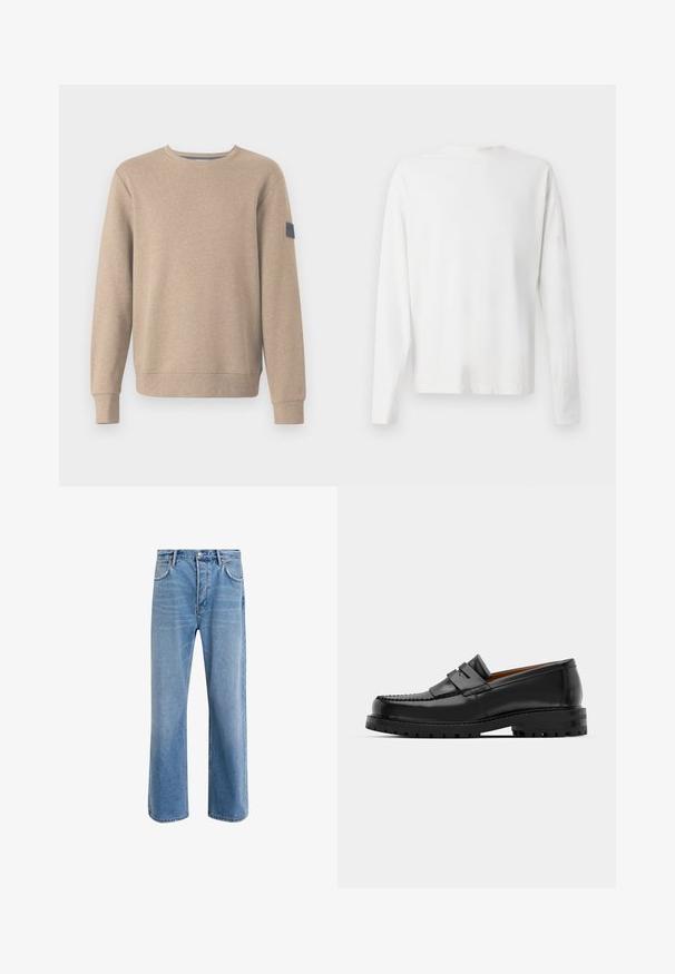 TOM TAILOR - Bluza; Biała, bawełniana koszula z długim rękawem, okrągłym dekoltem, bocznymi rozcięciami na dole oraz gładką fakturą, wyeksponowana z tyłu.; Jasnoniebieskie dżinsy o prostym kroju, pięć kieszeni, zapięcie na guzik, minimalne blaknięcia i kontrastowe wykończenia szwów.; Czarne skórzane mokasyny mają wyraźny szew, dwa dekoracyjne paski na górze oraz grubą, teksturowaną podeszwę dla lepszej przyczepności.