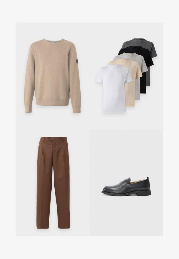 TOM TAILOR STRUCTURED CREW NECK - Sweatshirt - palm cashmere structure; Set of five short-sleeve t-shirts in white, beige, light gray, dark gray, and black. Made of smooth cotton, featuring crew neck design.; Brown tailored trousers with a straight fit, visible pleats, front pockets, and a single button closure at the waistband. Smooth texture.; Black leather loafers featuring a smooth finish, a flat sole, and a rounded toe with a decorative strap across the upper.