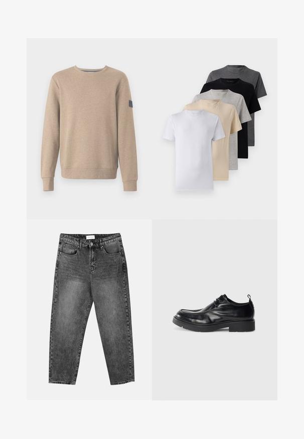 TOM TAILOR STRUCTURED CREW NECK - Sportinis megztinis - palm cashmere structure; Penki trumpomis rankovėmis marškiniai, baltos, smėlio, šviesiai pilkos, tamsiai pilkos ir juodos spalvų. Pagaminti iš švelnaus medvilnės, suapvalinto kaklo dizainu.; Juodos plačios tiesios kojų džinsai su priekinėmis ir galinėmis kišenėmis, dirželių kilpomis ir sagčių uždarymu klubų srityje.; Juodų odinių batų su suapvalintu nosiu, su raišteliais priekyje ir dekoratyvine siūle. Juose yra storas, tekstūruotas guminis padas ir pakeliamoji juostelė.