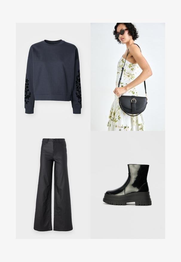 Tumši zila īsa sporta krekla augšdaļa, izgatavota no mīksta kokvilnas auduma. Ar melniem izšūtu ziedu rakstiem uz abām piedurknēm un klasisku apaļu kakla izgriezumu.; Melni, plata kāju bikses no mākslīgās ādas. Iespējas ietver augstu jostasvietu, jostu cilpas, divas priekšu kabatas un izšuvumu detaļas.; Melnas spīdīgas potītes zābaki ar biezu zoli un noapaļotu purngalu, sānu skats uz vienkārša gaiši pelēka fona.; Melnas ādas rokassoma ar izliekta formu, noņemamu siksnu un zelta aksesuāriem. Somai ir vāciņš ar sprādzes detaļu.