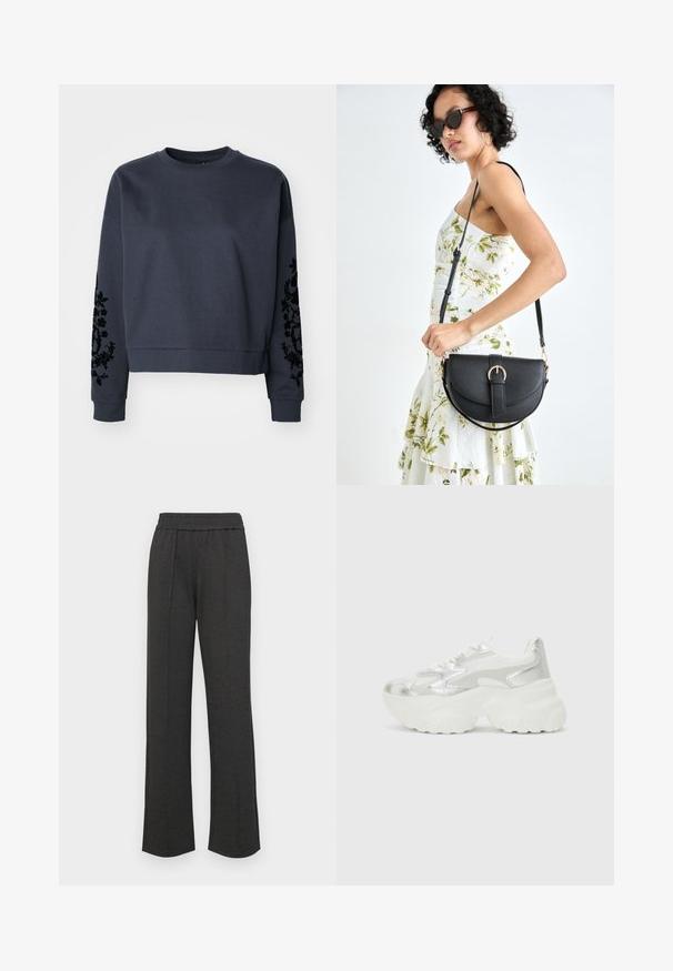 Tamno plavi skraćeni dukserica od mekog pamuka. Sadrži izvezene crne cvjetne uzorke na oba rukava i klasičan okrugli izrez.; Crne ravne hlače sa elastičnim pojasom, prednjim naborima, mekanim materijalom i bez vidljivih uzoraka ili metalnih detalja.; Srebrne tenisice s teksturiranim mrežastim gornjištem i iridescentnim akcentima, s debelim bijelim potplatom i vezanjem na vezice.; Crna kožna torba s lukovitim oblikom, odvojivim remenom i zlatnim detaljima. Torba ima preklop s kopčom.