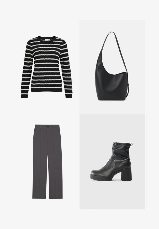Svart- och vitrandig tröja, stickad textur, rund halsringning, långa ärmar, ribbade mudd och nederkant, med växlande breda och smala ränder.; Grå byxor med rak ben-design, som har två sidofickor och knappstängning. Slät tyg utan synliga mönster eller detaljer.; Svarta ankelstövlar i slitstark läder, med sidodragkedja, kraftig strukturerad klack och rundad tådesign.; Svart läder hobo-väska med en slät textur, kurvig form och en justerbar axelrem; har en bred öppning upptill.