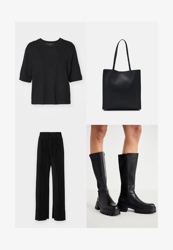 Zwarte trui met korte mouwen en een ronde hals. Gemaakt van een gestructureerde breigoed. Eenvoudig ontwerp met een losse pasvorm en omgeslagen mouwen.; Zwarte geplooide broek met een elastische tailleband. Beschikt over wijde pijpen en een glad, gestructureerd stof met verticale strepen.; Zwarte kniehoge laarzen van glad synthetisch leer met een dikke zool, zijrits en een ronde neusontwerp.; Zwarte leren handtas met een gladde textuur, rechthoekige vorm en twee lange handvaten. Geen zichtbare hardware of versieringen.