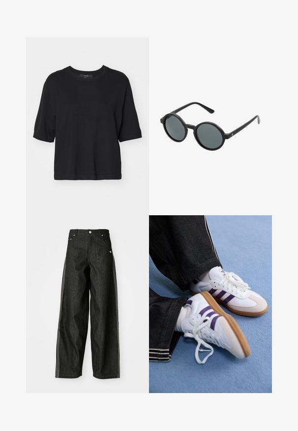 Maglione nero a maniche corte con colletto rotondo. Realizzato in un materiale a maglia testurizzata. Design semplice con vestibilità ampia e maniche א cuffiate.; Pantaloni larghi in denim nero con strisce laterali bianche, dotati di tasche frontali, chiusura con bottone e un logo discreto vicino alla vita.; Scarpe da ginnastica bianche con strisce viola e suole in gomma marrone, caratterizzate da lacci tondi e un collo imbottito. Indossate con pantaloni in denim scuri.; Occhiali da sole rotondi con montatura in plastica nera e lenti grigio scuro. Presentano bracci sottili e dritti con accenti minimalisti.