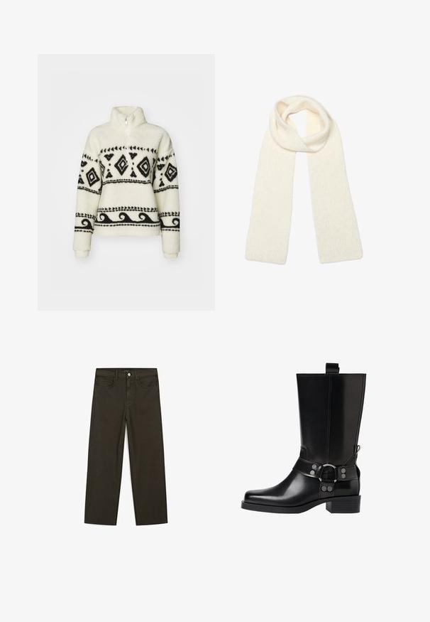 Polarowy półgolf w kremowym kolorze z czarnymi wzorami tribalnymi. Posiada zamek błyskawiczny do połowy kołnierza i długie rękawy. Miękka tekstura i luźny krój.; Ciemnozielone spodnie dżinsowe typu wide-leg wykonane z mieszanki bawełny, z zamkiem na guzik z przodu, pięcioma kieszeniami i klasycznym przeszyciem dżinsowym.; Czarne skórzane buty za kolano z wydłużonym noskiem, srebrnymi akcentami w postaci klamr oraz masywnym obcasem. Posiadają pętelkę umożliwiającą łatwe zakładanie.; Miękki, dziany szalik w kolorze kremowym, luźno złożony u góry, z obiema końcówkami zwisającymi prosto w dół.