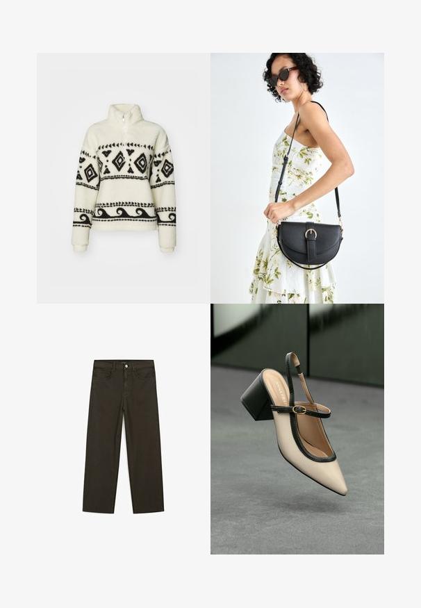 Fleece pullover in cream with black tribal patterns. Features a half-zip collar and long sleeves. Soft texture and relaxed fit.; Dark green wide-leg jeans made of cotton blend, featuring a front button closure, five pockets, and classic denim stitching.; Beige pointed-toe slingback shoe with black trim, gold buckle, and a chunky block heel on gray floor with dark green background.; Black leather handbag with a curved shape, detachable strap, and gold hardware. The bag features a flap with a buckle detail.