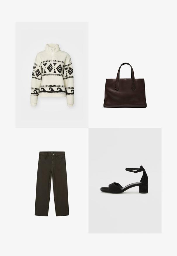 Fleece pullover in crèmekleur met zwarte tribale patronen. Voorzien van een halve rits kraag en lange mouwen. Zachte textuur en een relaxte pasvorm.; Donkergroene wijde jeans van een katoenmix, met een sluiting met een voorste knop, vijf zakken en klassieke denimstiksels.; Zwarte suede hakken met een dunne enkelband, open teen ontwerp en een bescheiden blokhak. Zachte textuur en minimale accenten.; Bruine leren tote bag met twee verlengde handvatten, gestructureerde rechthoekige vorm, gladde textuur en subtiele stiksels.
